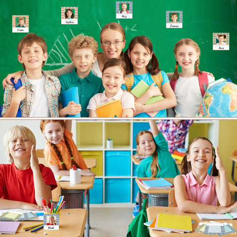 Classroom with students and teacher, desks labeled with Boho Rainbow Kid Friendly Photo Nameplates For Desk, 48 Pack Colorful Photo Frame Name Tags