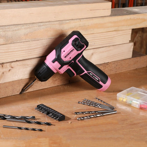 Pink Cordless Drill Set 8V Impact Drill Driver With 53 Piece Bit Kit 2.0Ah Battery Three Eighths Inch Keyless Chuck