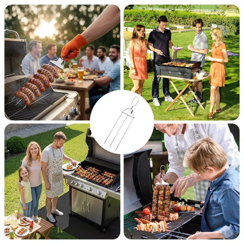 People using 3 Way Grill Skewers With Push Off Slider 14.7 Inch Stainless Steel Kabob Sticks for grilling at outdoor BBQ