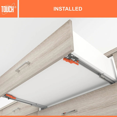 Installed undermount drawer slides with self soft close, 5 pair, 18 inch length, beefy 75 lb capacity, concealed tracks in cabinet.