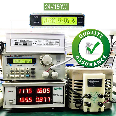 Testing of Rugged 150W 24V DC LED Driver With IP67 Waterproof Power Supply showing voltage and quality assurance.