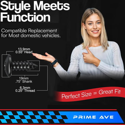 Heavy Duty Black Oxide Stainless Steel License Plate Screws Lock Plates Flat With Zero Rattlin Nonsense For A Slick Front Rear Look On Every Ride Quick Install Pack Of Eight shown with size details and compatibility information.