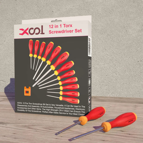 Torx Screwdriver Set 12 in 1 for DIY Tech and Auto Repairs, Includes T5 Through T40 Bits, displayed with box on wooden surface.