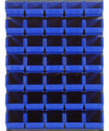 Top Notch Wall Mounted Storage Panels With Blue Heavy Duty Bins For Industrial Garages And Commercial Shops Straightforward Space Saving Louvered Rack Organizer System with multiple blue bins.
