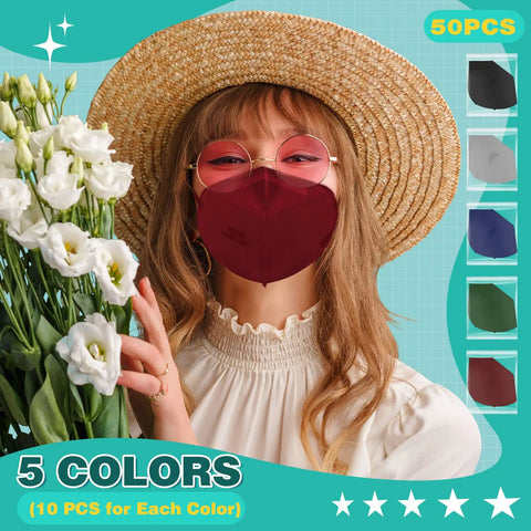 Woman in a hat wearing a red Essential KN95 Face Masks 50 Pack Individually Wrapped Multicolor For Men And Women, 5 Layer, holding flowers.