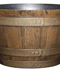 Whiskey Barrel Planter With Distressed Oak Finish And Antique Pewter Bands Yard Ready Durable UV Coated Resin Outdoor Drainage Holes