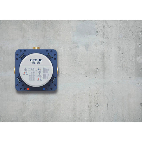 Rapido Universal Rough In Box for Shower Faucets with Quick Install and Plaster Guard wall-mounted in concrete setting.