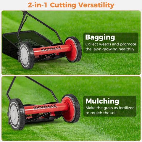 Red 14 Inch 5 Blade Push Reel Mower With Removable Grass Catcher For Small To Medium Yards Durable Steel Blades Clean Cuts Easy Maneuver Quiet Eco Friendly Lawn Care, bagging and mulching view