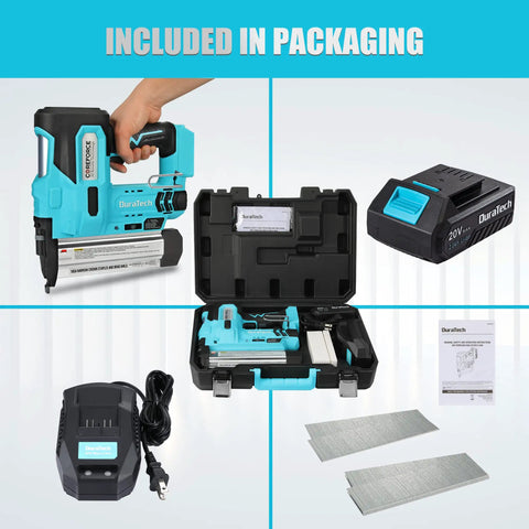 No Nonsense Heavy Duty 20V Cordless Brad Nailer And Staple Gun 18 Gauge with battery and accessories in carry case.