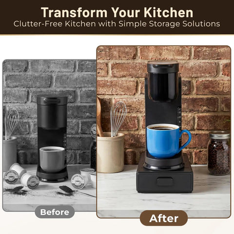 Under-Cabinet Coffee Pod Organizer Drawer For Keurig K-Cups showcased in kitchen setting with before and after setup