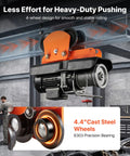 Close-up of Heavy Duty Electric Hoist Trolley Workhorse 1 Ton Capacity with dual wheel design on metal beam in workshop.