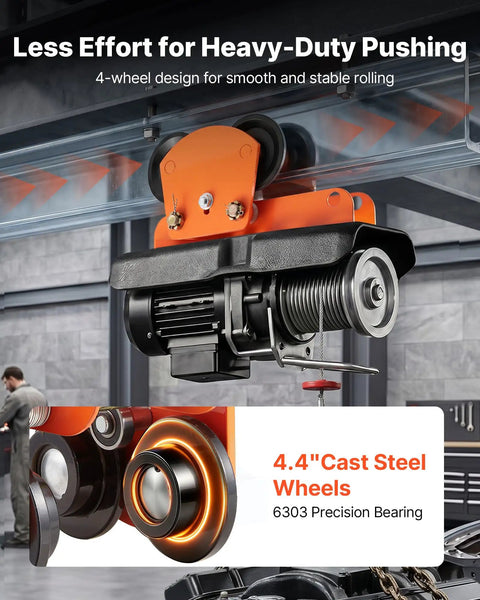 Close-up of Heavy Duty Electric Hoist Trolley Workhorse 1 Ton Capacity with dual wheel design on metal beam in workshop.