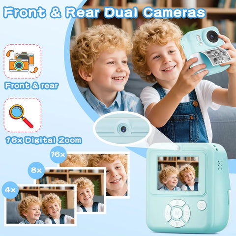 Kids Instant Print Camera 1080P Digital Camera With Built In Printer Shoot Photos And Videos Prints In Five Color Options Kid Friendly Easy To Use Perfect Gift For Young Photographers And Crafty Keepsakes On The Go, mint green with dual cameras