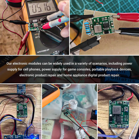 Close-up of MP-1584EN Buck Converter Mini 6 Pack 3A DC-DC Step-Down Module Adjustable in electronics setup.