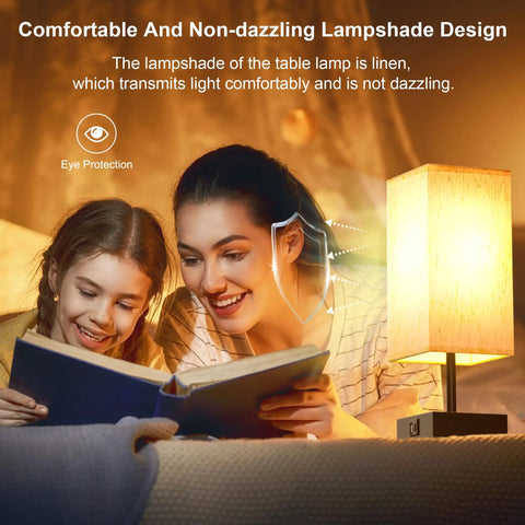 Beige Bedside Table Lamp With USB C And USB A Ports 3 Way Dimmable Touch Control LED Bulbs Included Flicker Free Eye Friendly Nightstand Light
