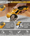 Heavy Duty Cordless Electric Box Cutter With Premium SK5 Blades, ergonomic design, safety lock in use on carpet with LED light.