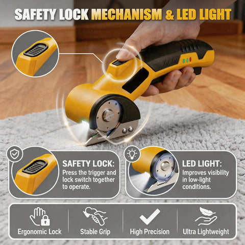 Heavy Duty Cordless Electric Box Cutter With Premium SK5 Blades, ergonomic design, safety lock in use on carpet with LED light.