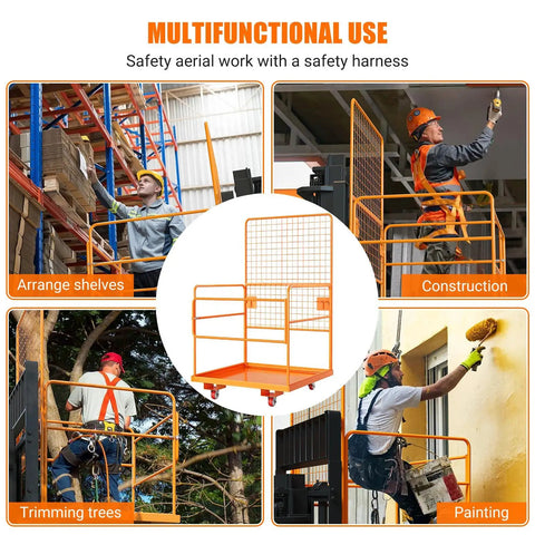 Heavy Hitter Forklift Safety Cage And Man Basket Tough Two Person Work Platform features orange steel design for multifunctional use in construction.