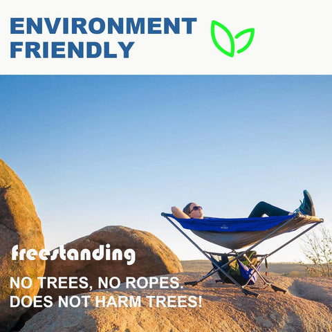 Woman relaxing in Portable Hammock With Stand No Trees Needed Compact Folding Framed Hammock With Adjustable Sunshade Canopy