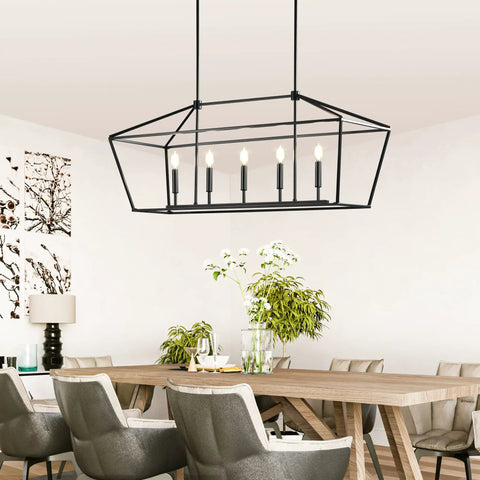 Black Farmhouse Chandelier With Five Lights For Kitchen Island And Dining Room Industrial Height Adjustable Hanging Pendant Lights Metal E12 Rustic Fixture For Dining Area No Bulbs Included Industrial Chic Vibe