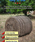 Round bale wrapped with Heavy Duty Slow Feeding Horse Hay Net 5 By 5 Ft 1.75 Inch Knotless Mesh Reduces Hay Waste 60 Percent