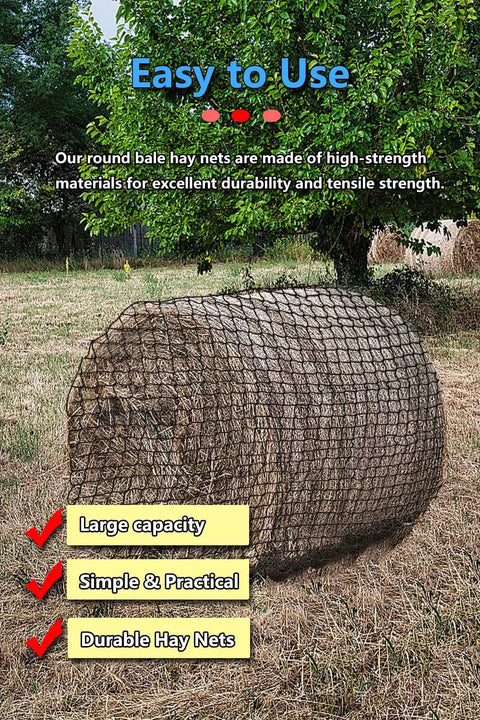 Round bale wrapped with Heavy Duty Slow Feeding Horse Hay Net 5 By 5 Ft 1.75 Inch Knotless Mesh Reduces Hay Waste 60 Percent