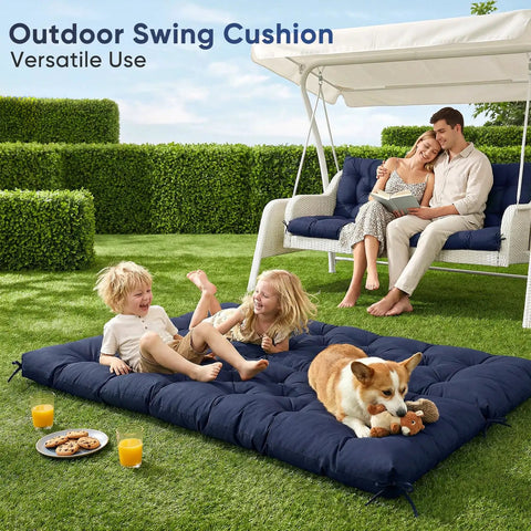 Family enjoying 60 Inch Waterproof Porch Swing Cushions For 2 To 3 Seaters, Replacement Outdoor Bench Cushions on lawn