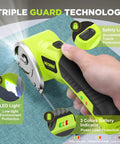 Top Shelf Cordless Electric Scissors Built Different To Crush Cardboard And Fabric Like A Slick Pro Featuring Dual Rotary Blades LED Safety Lock and Quick Charge Battery in use on fabric with LED light and safety lock.