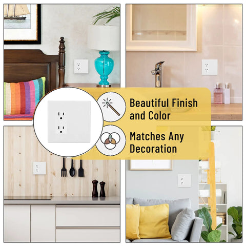 Collage of 2-Gang Decorator And Blank Wall Plate White With Screws in various home settings, showing versatility and design compatibility.