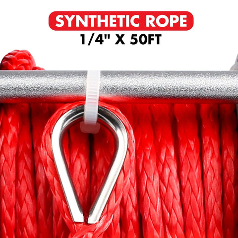 Close-up of red synthetic rope 1/4" x 50ft for Beefy 12V 4500 Lb Electric Winch For ATV And UTV Off Road Adventures