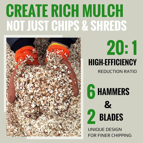 Hands holding mulch produced by Beast Mode Gas Powered Wood Chipper Shredder Mulcher With 20 To 1 Reduction Ratio, 7 HP engine