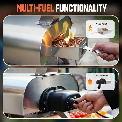 12 Inch Dual Fuel Outdoor Pizza Oven Portable Pellet And Gas Fueled Wood Fired Pizza Maker with easy fuel switch system