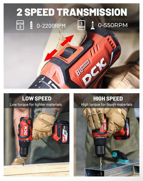 Beast Mode 20V Brushless Hammer Drill Kit showcased in different speed modes with 531 In-Lbs Torque and 36,000 BPM features.