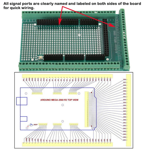 Mega 2560 R3 Prototype Screw Terminal Shield Board Kit With Pre-Soldered Headers For Easy Wire Connections And Prototyping On Arduino Mega 2560 No Soldering Needed, labeled screw terminal board