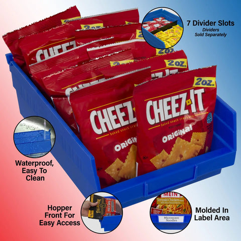 Heavy Duty Plastic Shelf Bins For Garage, Closet, And Drawer Organization 12 X 8 X 4 Inches Green 12 Pack Built Tough, with snacks inside