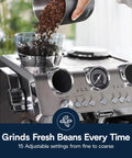 Close-up of La Specialista Maestro Espresso Machine With Grinder And Auto And Manual Milk Frother showcasing bean hopper and dials