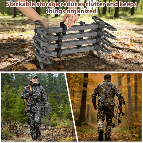 Lightweight 17.5 Inch Aluminum Climbing Sticks For Hunting stacked on forest floor, showcasing portability and stackable design.