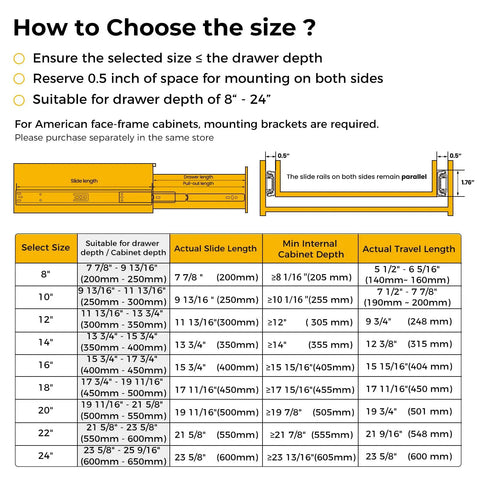How to choose the size for Heavy Duty Black Soft Close Drawer Slides One Pair 12 Inch Cabinet Runners guide image.