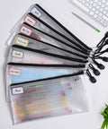 Six Pack Plastic Zipper Pencil Pouches Set Waterproof And Tear Resistant Document Folders A6 Size Zipper Pouches With 24 Blank Notes Handy Document Organizer Bags For School Office Home And Travel Storage laid on desk.