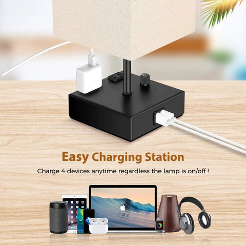 Fully Dimmable USB Bedside Lamps Set of 2 with USB ports and AC outlets, charging station with modern square fabric shade