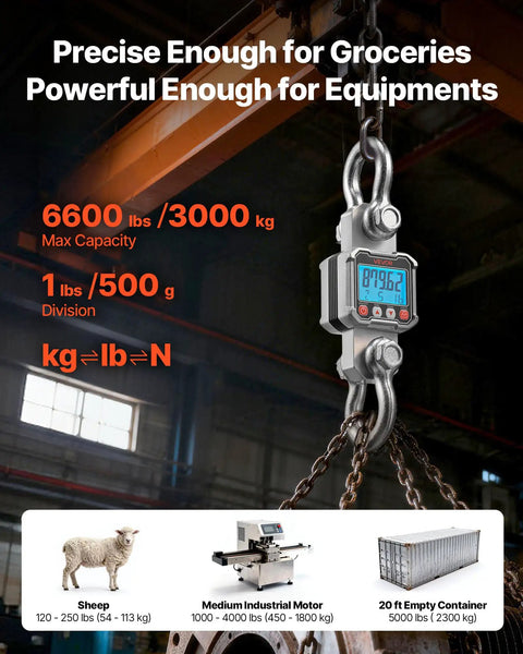 Heavy Duty Digital Crane Scale With 6600 Lbs Max Capacity And Rock Solid Cast Aluminum Case for accurate load measurement in a warehouse.