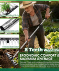 Gardener using 60 Inch Weeder With Long Handle Two In One Weed Puller And Rake Uproot Weeds In Your Yard Lawn Or Patio With Comfort Grip 11 Teeth Puller Head And 8 Teeth Rake Head For Easy Garden Maintenance in a vegetable garden.