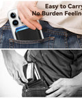 Person placing MagSafe Leather Card Holder With Beefy Magnetic RFID Shield in back pocket with iPhone 12-17 series.