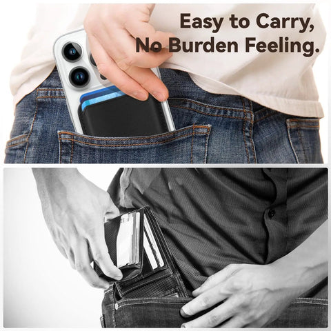 Person placing MagSafe Leather Card Holder With Beefy Magnetic RFID Shield in back pocket with iPhone 12-17 series.
