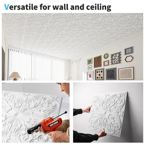 Dope Drop Ceiling Upgrade Kit With Decorative 2x2 Tile Set, Glue-Up Or Lay-In, 24x24 In, Spanish Floral Matte White, room view