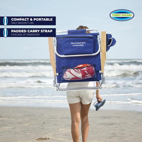 Back view of person carrying Lay Flat Five Position Backpack Beach Chair With Easy Adjustments in navy at beach