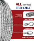 Close-up of features for 2 Pack 8.5 Foot Galvanized Steel Garage Door Lift Cable For 7 Foot Torsion Spring, including 304 stainless steel strand.