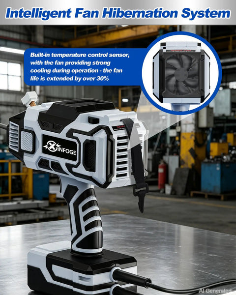 Compact 110V MMA welder with LCD display and IGBT inverter, highlighting intelligent fan hibernation system in industrial setting.