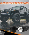 Black SUV parked in front of a building with an all-weather rubber cover hitch lock in the foreground.