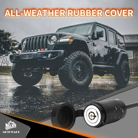 Black SUV parked in front of a building with an all-weather rubber cover hitch lock in the foreground.